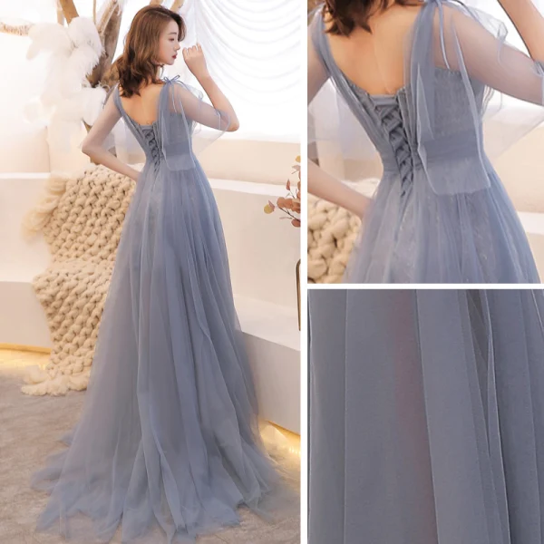 Élégant Gris Été Robe De Soirée 2019 Princesse V-Cou 1/2 Manches Appliques Paillettes Train De Balayage Volants Dos Nu Robe De Ceremonie
