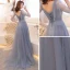 Élégant Gris Été Robe De Soirée 2019 Princesse V-Cou 1/2 Manches Appliques Paillettes Train De Balayage Volants Dos Nu Robe De Ceremonie