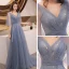 Élégant Gris Été Robe De Soirée 2019 Princesse V-Cou 1/2 Manches Appliques Paillettes Train De Balayage Volants Dos Nu Robe De Ceremonie