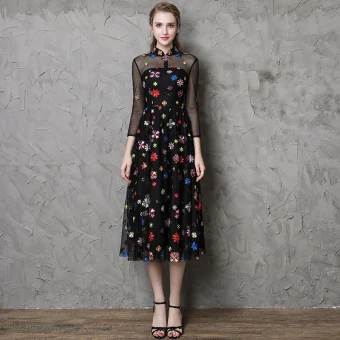Vintage Retro Black See Through Evening Dresses 2019 A Line Princess High Neck 3 4 Sleeve Colored Cartoon Appliques Lace Tea Length Ruffle Formal Dresses