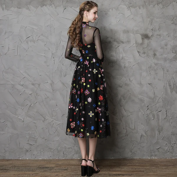 Vintage / Retro Black See-through Evening Dresses 2019 A-Line / Princess High Neck 3/4 Sleeve Colored Cartoon Appliques Lace Tea-length Ruffle Formal Dresses