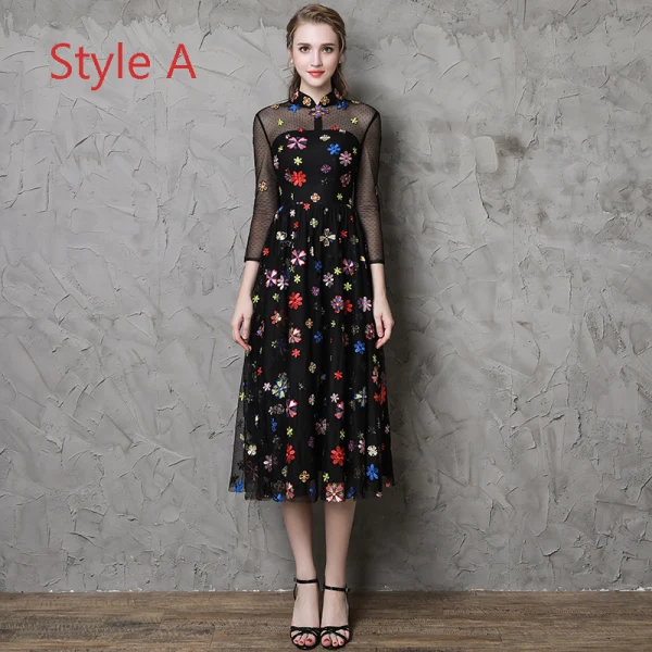Vintage / Retro Black See-through Evening Dresses 2019 A-Line / Princess High Neck 3/4 Sleeve Colored Cartoon Appliques Lace Tea-length Ruffle Formal Dresses