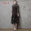 Vintage / Retro Black See-through Evening Dresses  2019 A-Line / Princess High Neck 3/4 Sleeve Colored Cartoon Appliques Lace Tea-length Ruffle Formal Dresses