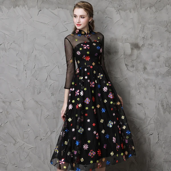 Vintage / Retro Black See-through Evening Dresses 2019 A-Line / Princess High Neck 3/4 Sleeve Colored Cartoon Appliques Lace Tea-length Ruffle Formal Dresses