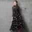 Vintage / Retro Black See-through Evening Dresses  2019 A-Line / Princess High Neck 3/4 Sleeve Colored Cartoon Appliques Lace Tea-length Ruffle Formal Dresses
