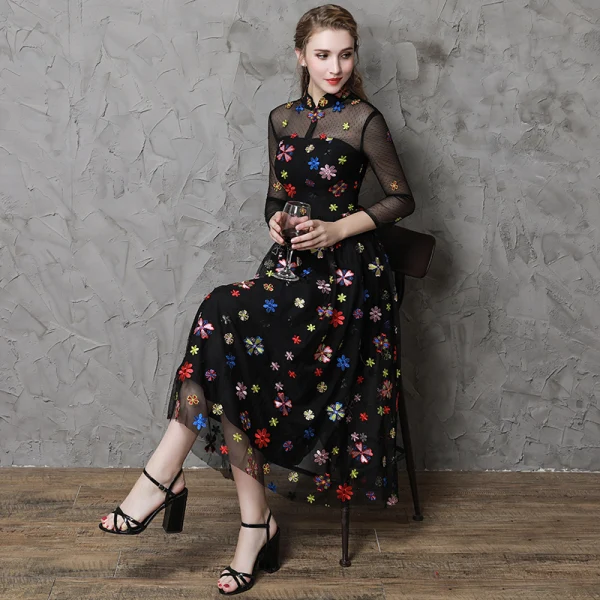 Vintage / Retro Black See-through Evening Dresses 2019 A-Line / Princess High Neck 3/4 Sleeve Colored Cartoon Appliques Lace Tea-length Ruffle Formal Dresses