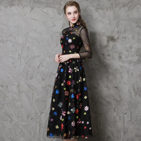 Vintage / Retro Black See-through Evening Dresses 2019 A-Line / Princess High Neck 3/4 Sleeve Colored Cartoon Appliques Lace Tea-length Ruffle Formal Dresses