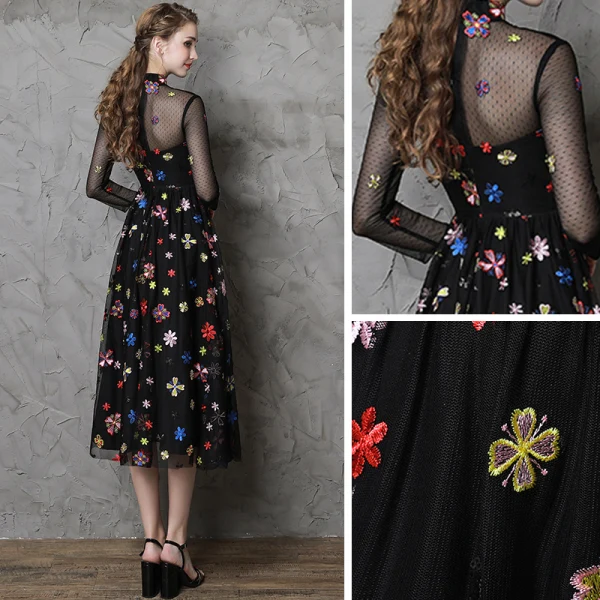 Vintage / Retro Black See-through Evening Dresses 2019 A-Line / Princess High Neck 3/4 Sleeve Colored Cartoon Appliques Lace Tea-length Ruffle Formal Dresses