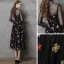 Vintage / Retro Black See-through Evening Dresses  2019 A-Line / Princess High Neck 3/4 Sleeve Colored Cartoon Appliques Lace Tea-length Ruffle Formal Dresses