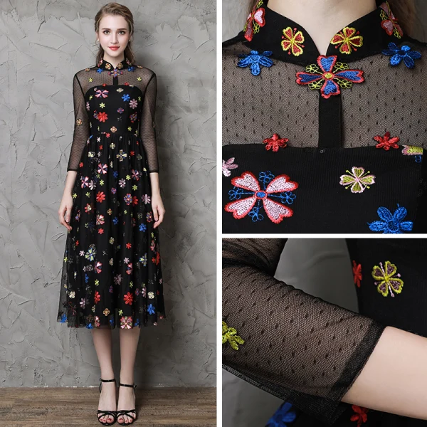 Vintage / Retro Black See-through Evening Dresses 2019 A-Line / Princess High Neck 3/4 Sleeve Colored Cartoon Appliques Lace Tea-length Ruffle Formal Dresses