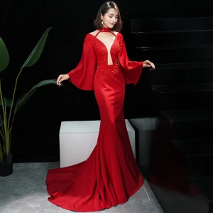 Sexy Red See Through Evening Dresses 2019 Trumpet Mermaid High Neck 3 4 Sleeve Bell Sleeves Appliques Lace Beading Sweep Train Backless Formal Dresses