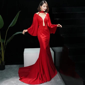 Sexy Rouge Transparentes Robe De Soirée 2019 Trompette Sirène Col Haut 3 4 Manches Manches De Cloche Appliques En Dentelle Perlage Train De Balayage Dos Nu Robe De Ceremonie