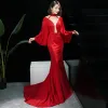 Sexy Red See-through Evening Dresses  2019 Trumpet / Mermaid High Neck 3/4 Sleeve Bell sleeves Appliques Lace Beading Sweep Train Backless Formal Dresses