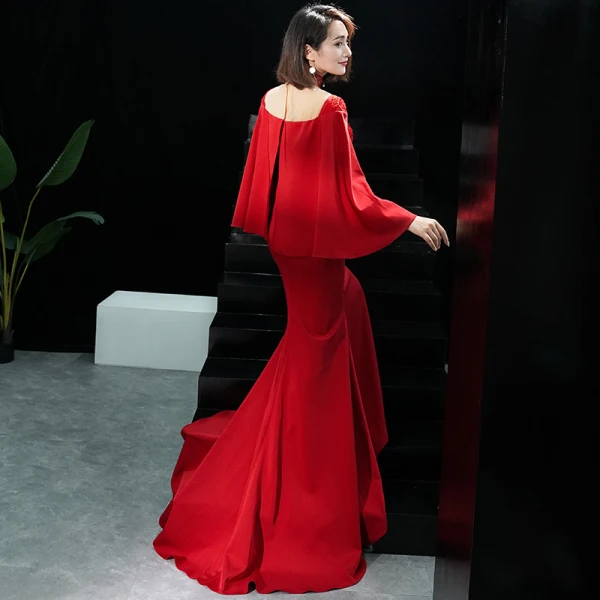 Sexy Rouge Transparentes Robe De Soirée 2019 Trompette / Sirène Col Haut 3/4 Manches Manches de cloche Appliques En Dentelle Perlage Train De Balayage Dos Nu Robe De Ceremonie