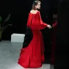 Sexy Red See-through Evening Dresses  2019 Trumpet / Mermaid High Neck 3/4 Sleeve Bell sleeves Appliques Lace Beading Sweep Train Backless Formal Dresses