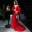 Sexy Rouge Transparentes Robe De Soirée 2019 Trompette / Sirène Col Haut 3/4 Manches Manches de cloche Appliques En Dentelle Perlage Train De Balayage Dos Nu Robe De Ceremonie