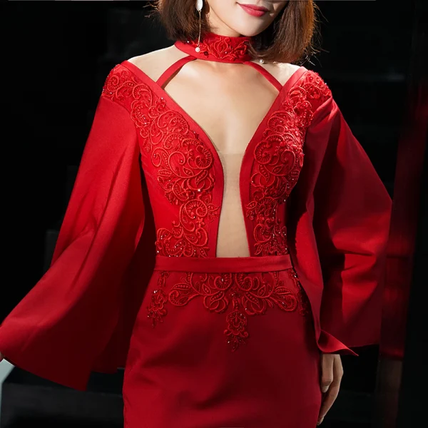 Sexy Rouge Transparentes Robe De Soirée 2019 Trompette / Sirène Col Haut 3/4 Manches Manches de cloche Appliques En Dentelle Perlage Train De Balayage Dos Nu Robe De Ceremonie