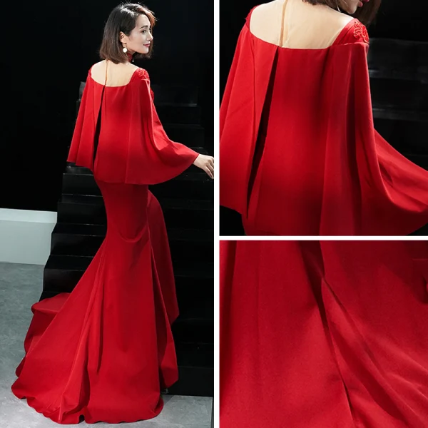 Sexy Rouge Transparentes Robe De Soirée 2019 Trompette / Sirène Col Haut 3/4 Manches Manches de cloche Appliques En Dentelle Perlage Train De Balayage Dos Nu Robe De Ceremonie