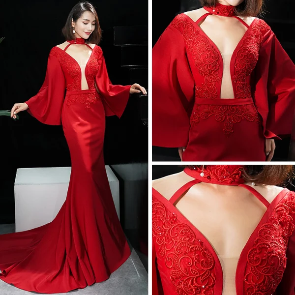 Sexy Rouge Transparentes Robe De Soirée 2019 Trompette / Sirène Col Haut 3/4 Manches Manches de cloche Appliques En Dentelle Perlage Train De Balayage Dos Nu Robe De Ceremonie