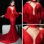 Sexy Rouge Transparentes Robe De Soirée 2019 Trompette / Sirène Col Haut 3/4 Manches Manches de cloche Appliques En Dentelle Perlage Train De Balayage Dos Nu Robe De Ceremonie