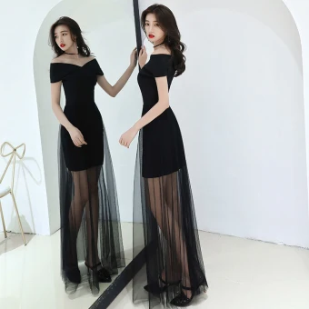 Modest Simple Affordable Black Summer Evening Dresses 2019 A Line Princess Off The Shoulder Short Sleeve Floor Length Long Backless Formal Dresses