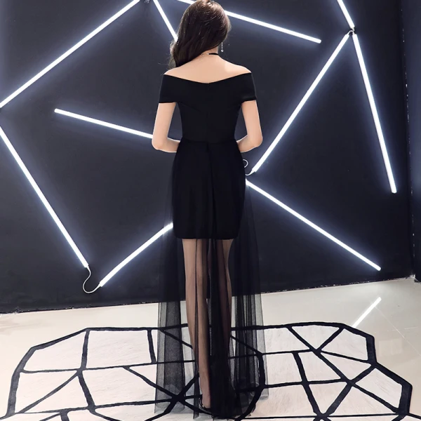 Schlicht Erschwinglich Schwarz Sommer Abendkleider 2019 A Linie Off Shoulder Kurze Ärmel Lange Rückenfreies Festliche Kleider