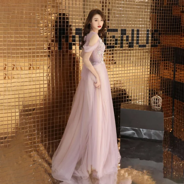 Romantic See-through Lilac Evening Dresses 2019 A-Line / Princess Scoop Neck Short Sleeve Appliques Lace Beading Floor-Length / Long Ruffle Backless Bow Formal Dresses