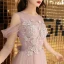 Romantic See-through Lilac Evening Dresses  2019 A-Line / Princess Scoop Neck Short Sleeve Appliques Lace Beading Floor-Length / Long Ruffle Backless Bow Formal Dresses