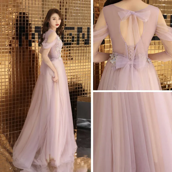 Romantic See-through Lilac Evening Dresses 2019 A-Line / Princess Scoop Neck Short Sleeve Appliques Lace Beading Floor-Length / Long Ruffle Backless Bow Formal Dresses
