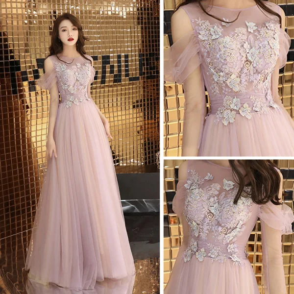 Romantic See-through Lilac Evening Dresses 2019 A-Line / Princess Scoop Neck Short Sleeve Appliques Lace Beading Floor-Length / Long Ruffle Backless Bow Formal Dresses