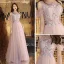 Romantic See-through Lilac Evening Dresses  2019 A-Line / Princess Scoop Neck Short Sleeve Appliques Lace Beading Floor-Length / Long Ruffle Backless Bow Formal Dresses