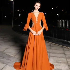 Luksus Orange Selskapskjoler 2019 Prinsesse Gjennomsiktig Dyp V Hals 3 4 Ermer Bell Ermer Beading Perle Krystall Rhinestone Feie Tog Ryggløse Formelle Kjoler