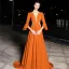 Luxury / Gorgeous Orange Evening Dresses  2019 A-Line / Princess See-through Deep V-Neck 3/4 Sleeve Bell sleeves Beading Pearl Crystal Rhinestone Sweep Train Backless Formal Dresses