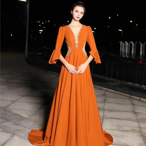 Luxe Orange Robe De Soirée 2019 Princesse Transparentes Col v profond 3/4 Manches Manches de cloche Perlage Perle Cristal Faux Diamant Train De Balayage Dos Nu Robe De Ceremonie