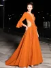 Luxury / Gorgeous Orange Evening Dresses  2019 A-Line / Princess See-through Deep V-Neck 3/4 Sleeve Bell sleeves Beading Pearl Crystal Rhinestone Sweep Train Backless Formal Dresses