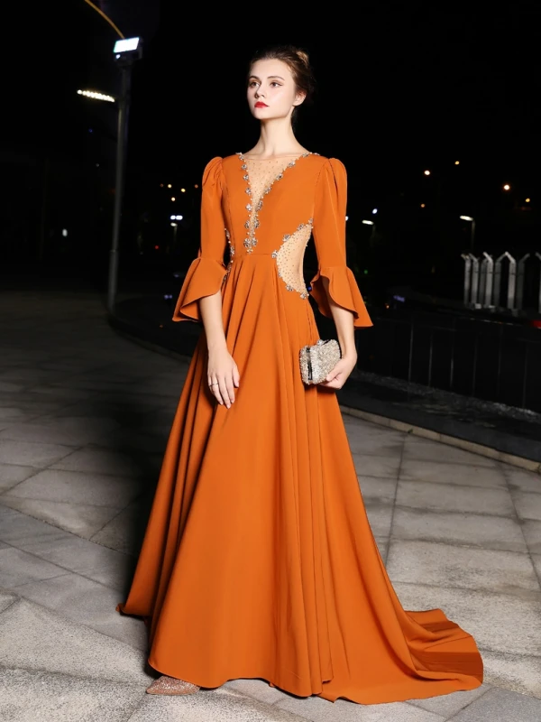 Luxury / Gorgeous Orange Evening Dresses  2019 A-Line / Princess See-through Deep V-Neck 3/4 Sleeve Bell sleeves Beading Pearl Crystal Rhinestone Sweep Train Backless Formal Dresses