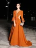 Luxury / Gorgeous Orange Evening Dresses  2019 A-Line / Princess See-through Deep V-Neck 3/4 Sleeve Bell sleeves Beading Pearl Crystal Rhinestone Sweep Train Backless Formal Dresses