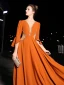 Luxury / Gorgeous Orange Evening Dresses  2019 A-Line / Princess See-through Deep V-Neck 3/4 Sleeve Bell sleeves Beading Pearl Crystal Rhinestone Sweep Train Backless Formal Dresses