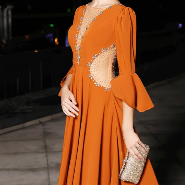 Luxury / Gorgeous Orange Evening Dresses  2019 A-Line / Princess See-through Deep V-Neck 3/4 Sleeve Bell sleeves Beading Pearl Crystal Rhinestone Sweep Train Backless Formal Dresses