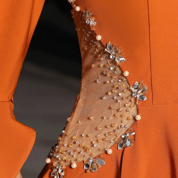 Luxury / Gorgeous Orange Evening Dresses  2019 A-Line / Princess See-through Deep V-Neck 3/4 Sleeve Bell sleeves Beading Pearl Crystal Rhinestone Sweep Train Backless Formal Dresses