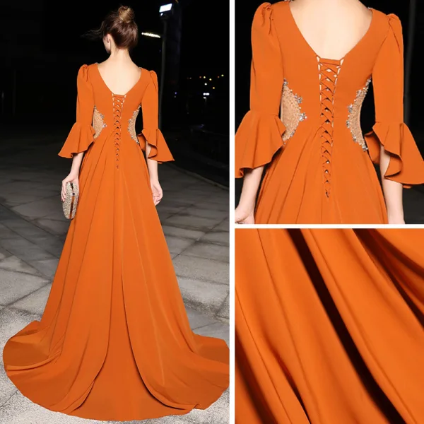 Luxury / Gorgeous Orange Evening Dresses  2019 A-Line / Princess See-through Deep V-Neck 3/4 Sleeve Bell sleeves Beading Pearl Crystal Rhinestone Sweep Train Backless Formal Dresses