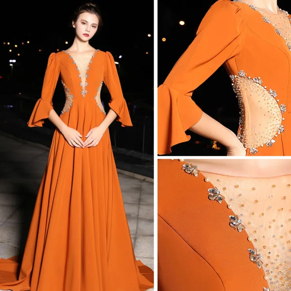 Luxury / Gorgeous Orange Evening Dresses  2019 A-Line / Princess See-through Deep V-Neck 3/4 Sleeve Bell sleeves Beading Pearl Crystal Rhinestone Sweep Train Backless Formal Dresses