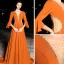 Luxury / Gorgeous Orange Evening Dresses  2019 A-Line / Princess See-through Deep V-Neck 3/4 Sleeve Bell sleeves Beading Pearl Crystal Rhinestone Sweep Train Backless Formal Dresses