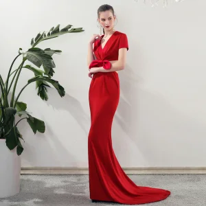 Moderne Mode Rouge Robe De Soirée 2019 Trompette Sirène V Cou Manches Courtes Noeud Train De Balayage Dos Nu Robe De Ceremonie