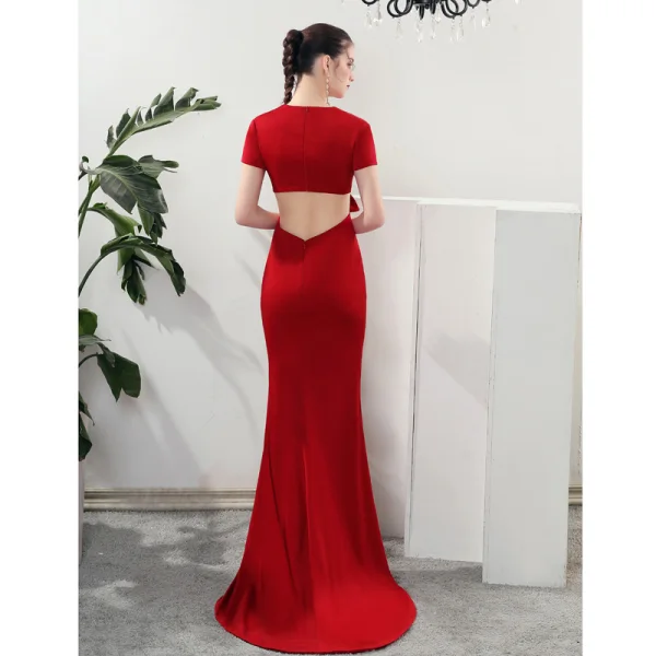 Modern / Fashion Red Evening Dresses 2019 Trumpet / Mermaid V-Neck Short Sleeve Bow Sweep Train Backless Formal Dresses