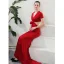 Modern / Fashion Red Evening Dresses  2019 Trumpet / Mermaid V-Neck Short Sleeve Bow Sweep Train Backless Formal Dresses