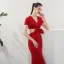 Modern / Fashion Red Evening Dresses  2019 Trumpet / Mermaid V-Neck Short Sleeve Bow Sweep Train Backless Formal Dresses
