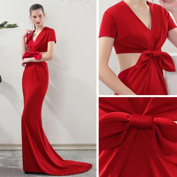 Modern / Fashion Red Evening Dresses 2019 Trumpet / Mermaid V-Neck Short Sleeve Bow Sweep Train Backless Formal Dresses