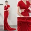 Modern / Fashion Red Evening Dresses  2019 Trumpet / Mermaid V-Neck Short Sleeve Bow Sweep Train Backless Formal Dresses