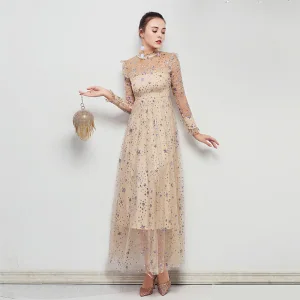 Vintage Originale Transparentes Champagne Robe De Soirée 2019 Princesse Col Haut Manches Longues Glitter Paillettes Longueur Cheville Volants Robe De Ceremonie